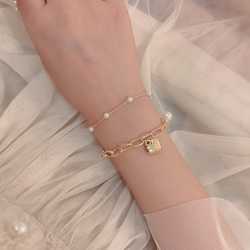 1-piece Elegant and Popular Fashionable and Versatile Bracelet Love Pearl Double Layer Bracelet Peach Heart Pendant Handicraft for Women