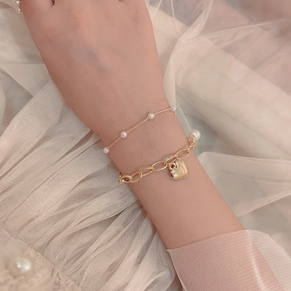 1-piece Elegant and Popular Fashionable and Versatile Bracelet Love Pearl Double Layer Bracelet Peach Heart Pendant Handicraft for Women