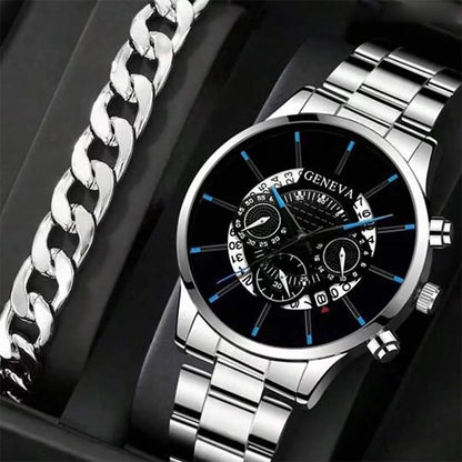 2PCS Black New Popular Watches Fashion Men's Casual Watches Luxury Calendar Quartz Watches Business Watches Men's Clocks Bracelet Set