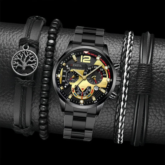 5PCS Men Watch Set Men's Watch And 4PCS Bracelet Fashion With Calendar Sports Business Quartz Steel Strip Watch Men's Sports Watch Male Wrist Watch