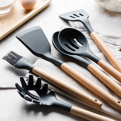 800g 12Pcs Set Wooden Handle Silicone Kitchen Utensils High Quality Silicone Kitchen Utensils Non-stick Pan Cooking Spatula Baking Storage Tool