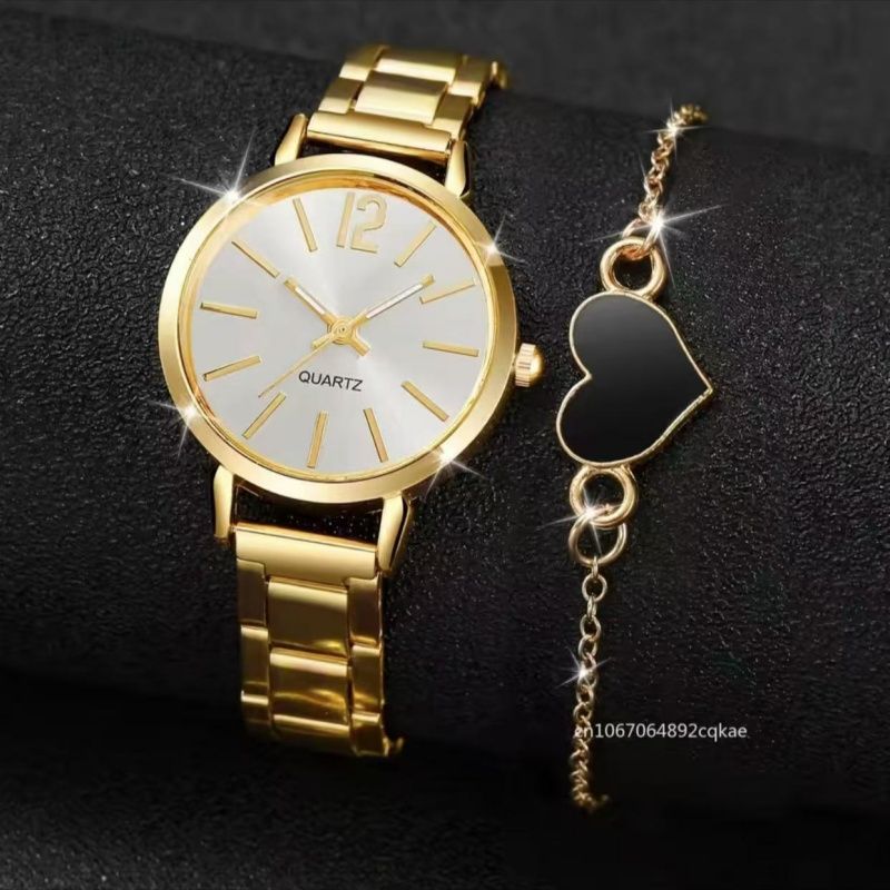 2PCS Elegant Golden Watches Bracelet Set Luxury Fashion Ladies Watch Quartz Wristwatches Heart Charm Bracelet Set Gifts