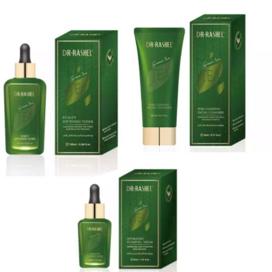 Dr. Rashel 3 In 1 Green Tea Set - Hydrating Plumping Serum + Pore Cleansing Facial Cleanser + Purify Softening Toner