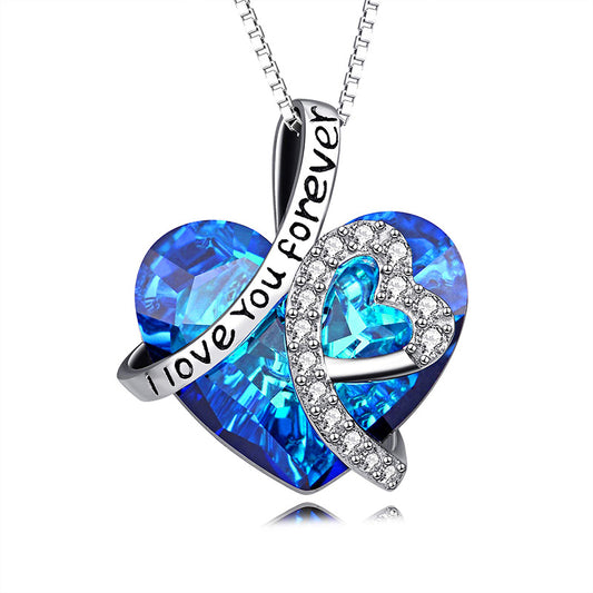 New Arrivals I Love You Forever Necklace, Everlasting Heart Birthstone Necklace, Heart Pendant Necklace For Women Exquisite Jewelry Blue Crystal Forever Love Charm Necklace Valentine's Day Gift