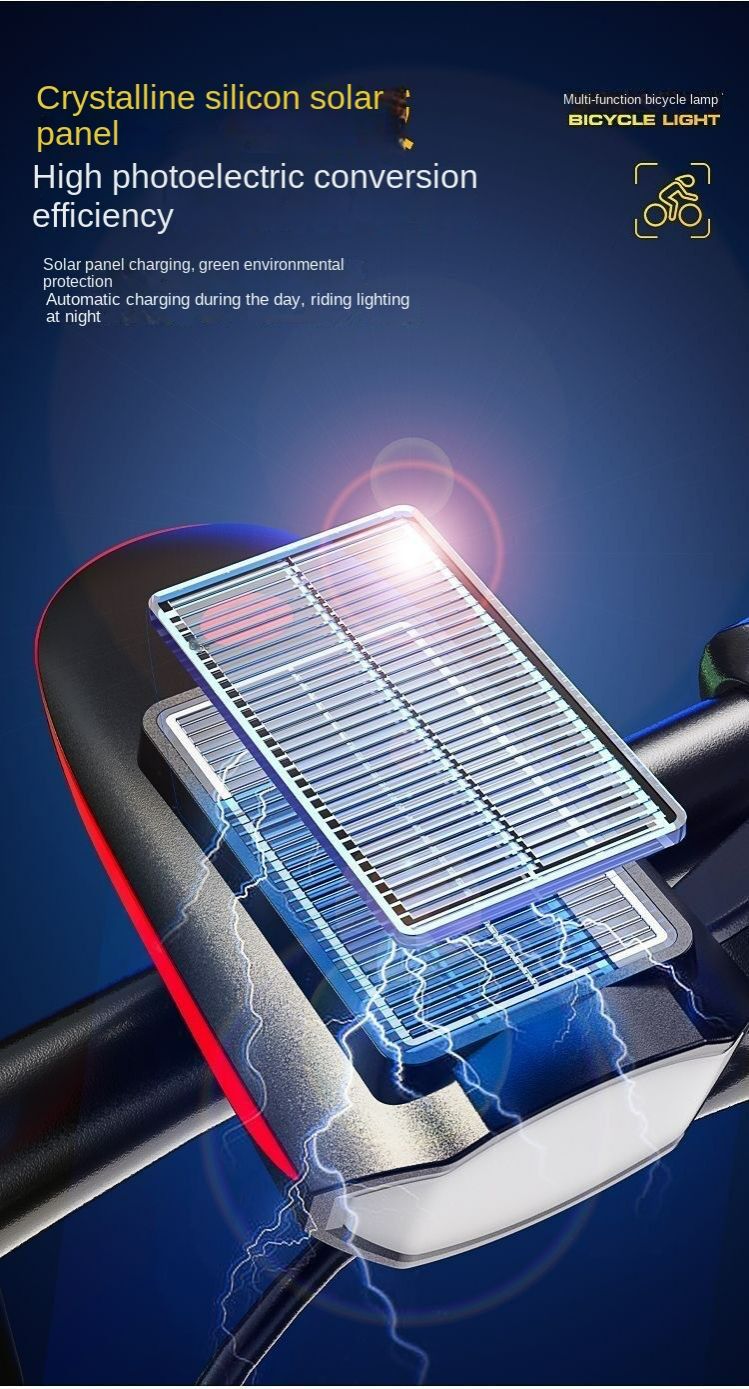 Solar Bicycle Light Multi-Functional Solar-Powered and USB Rechargeable Battery Mountain Bike Night Cycling High Brightness Light Bike Front Light and 120dB Horn Bicycle Charging Light