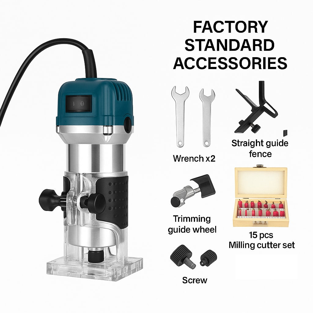 800W woodworking Electric trimmer, compact woodworking planer tools, Electric edger, Electric router, manual wood trimmer with 15 1/4 "drill bit sets, edge and roller guide rails