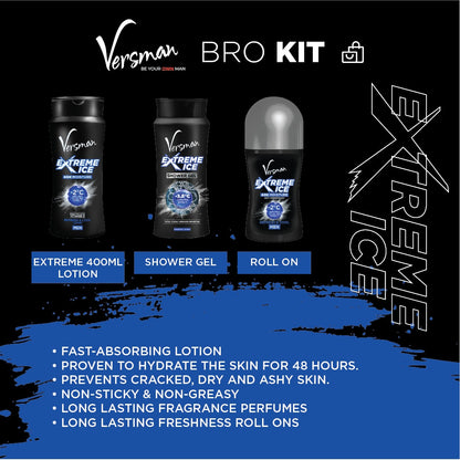 Versman Bro Kit: Extreme Ice 400ml Lotion + Shower Gel + Roll On Deo (Pack of 3)
