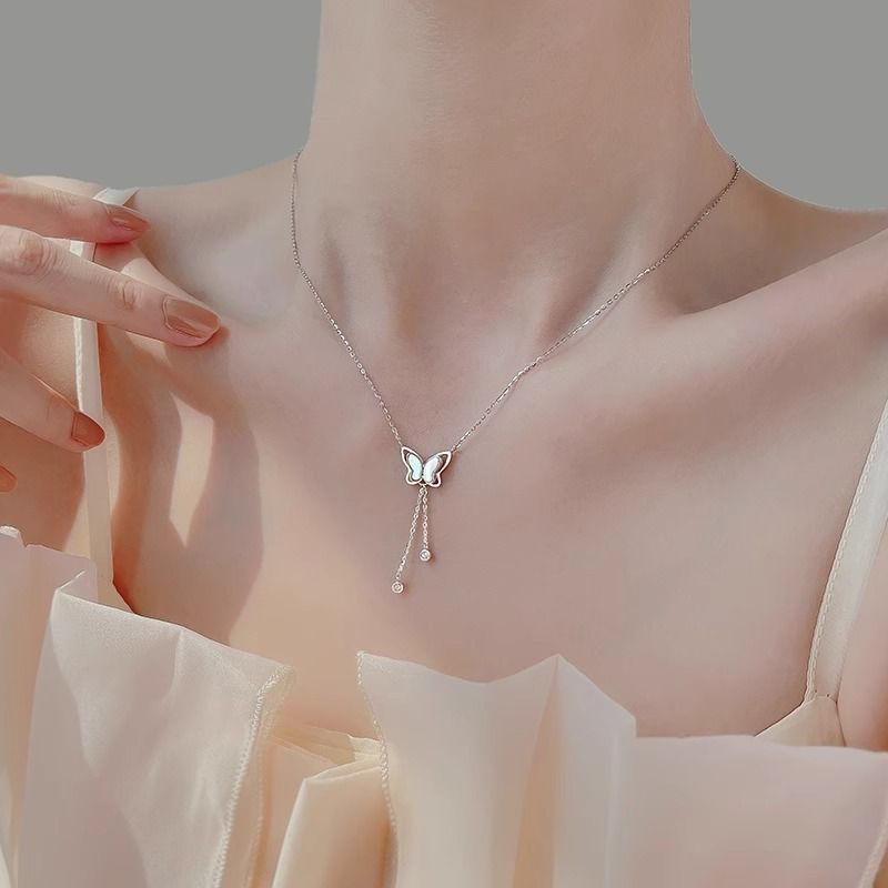 Women's Necklaces White Shell Tassel Butterfly Necklace Light luxury niche clavicle chain Tassel Chain