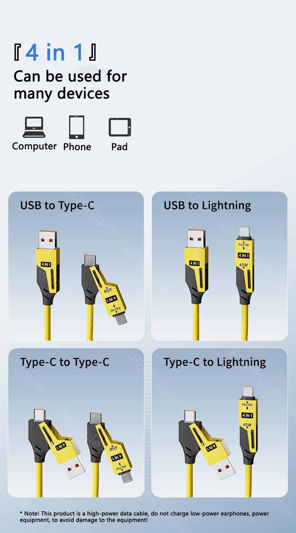RichRipple 4 in 1 65W 1.5M Fast Charging Cable USB Data Cables Suitable For IPhone Xiaomi Tecno Huawei Samsung Charger Liquid Silicon Type-C Micro Lighting Charging Cable