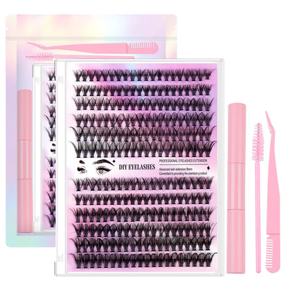 DIY Sectional 30D+40D False Eyelashes 12 rows with large capacity glue tweezers set eyelashes combination 30D+40D+ Pink double-head glue + pink tweezers
