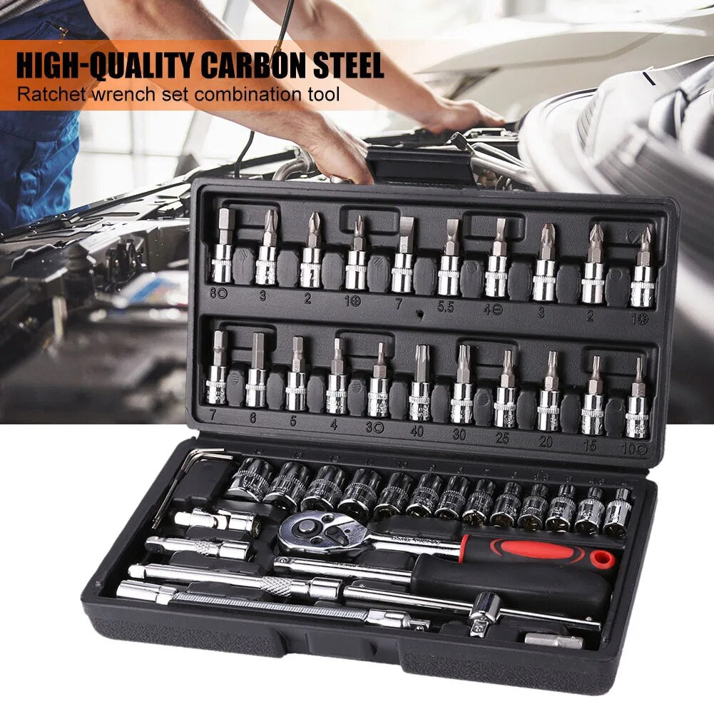 46pcs Socket Wrench Set Ratchet Spanner Batch Head Pawl Socket Screwdriver Multi-functional Car Repair Tool Professional Mechanical Workshop Tools Kit Motorcycle