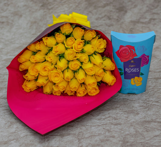 Yellow Roses Bouquet & Cadbury Roses Chocolates