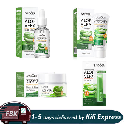 SADOER 4 in 1 Skin Care Set Aloe Facial Cleanser + Face Essence +Face Brightening Cream +Lipstick