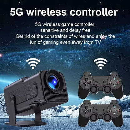HY320 mini projector, equipped with two game controllers and 20,000 games, supports 4K and 720P, Android system, can be connected to laptops, and allows screen mirroring from smartphones