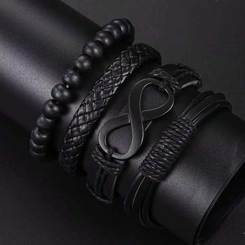 6pcs Set Fashionable Pu Leather 8 Shape Beaded Bracelet With Mechanical Watch Cross Pendant Necklace For Men, Black Colored