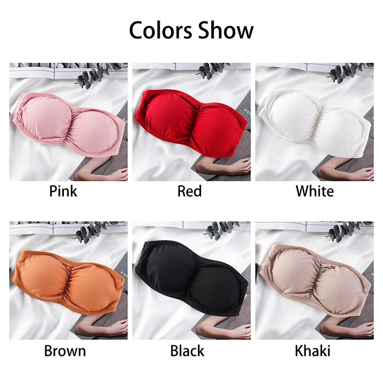 Women Strapless Ruched Push Up Bra Padded Hollow Out Backless Wireless Underwear Bandeau Thread Ribbed Adjustabable Bralette Lingerie