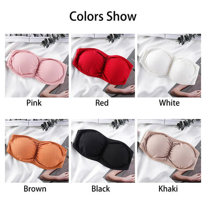 Women Strapless Ruched Push Up Bra Padded Hollow Out Backless Wireless Underwear Bandeau Thread Ribbed Adjustabable Bralette Lingerie