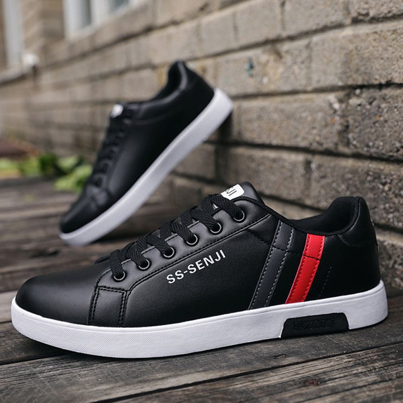 Men's casual PU artificial leather shoes fashion running shoes driving shoes students single shoes athletic women's skateboarding shoes sneakers Boys Black sports shoes