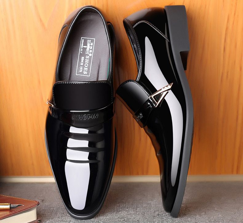 ASSKLO Business formal leather shoes exhibition increased height breathability resistance durability wedding groom's pointed toe slip on loafers dress shoes shiny Black [choose bigger size]