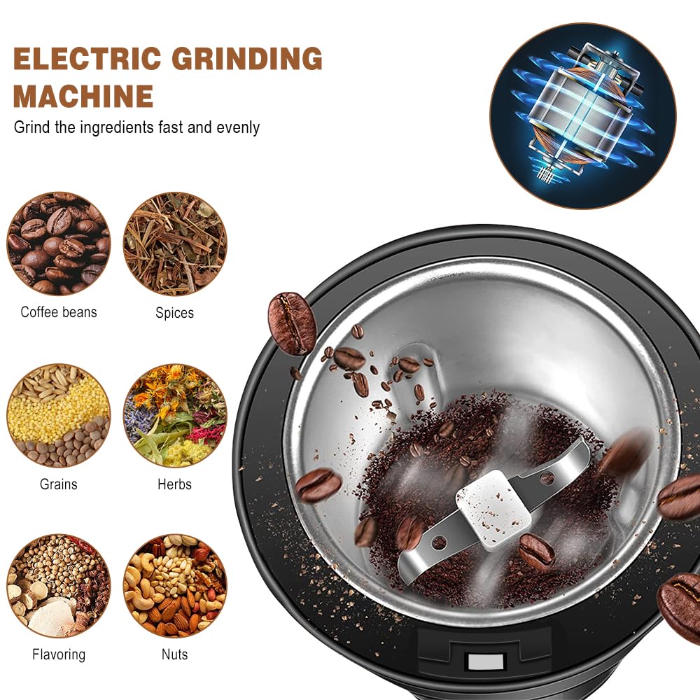 UPHUI Electric Coffee Grinder Spice Grinder Coffee Bean And Vanilla Grinder Equipped With A Brush Spoon And One Button Stainless Steel Grinding Suitable For Vanilla Peanut Grain And Bean Grinding