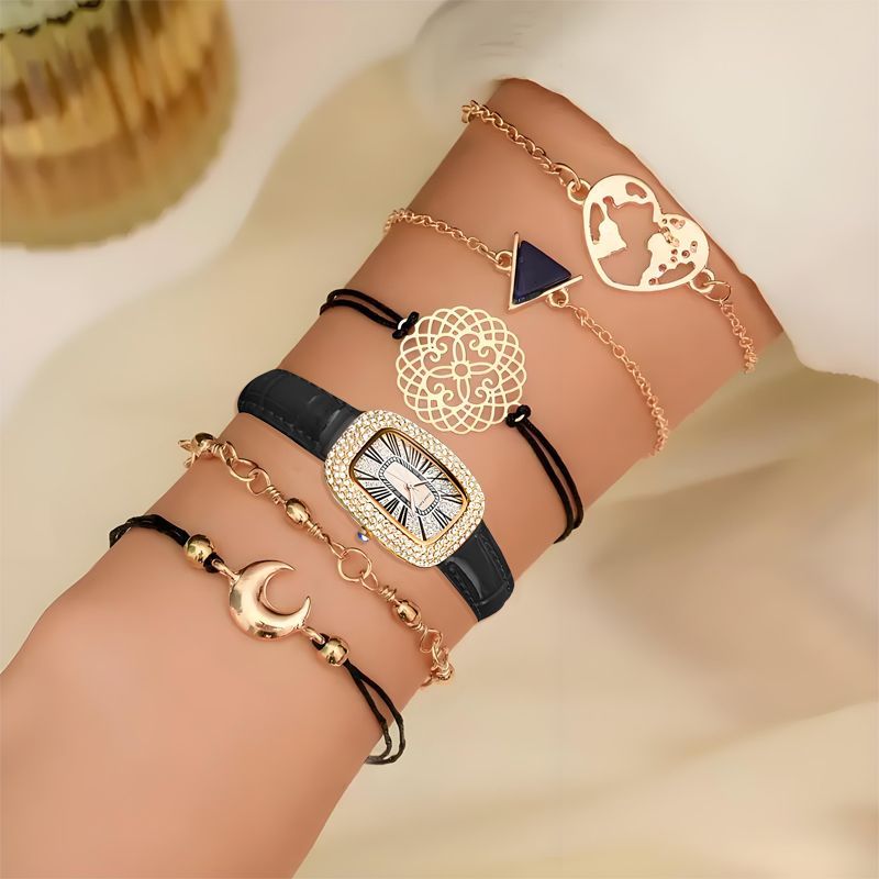 6PCS Women Watch Set Full Diamond Leather Strap Square Watch Women's Watches Luxury Timetable Quartz Fashion Watch Female Wrist Wstch Clock