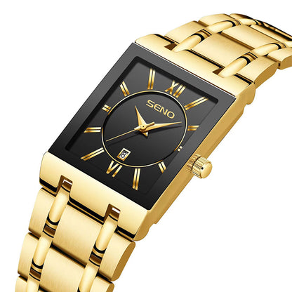 SENO Luxury Gold Full Steel Watches Mens Square Quartz Calendar WristWatch For Men Sport Waterproof