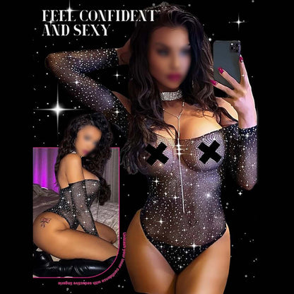 Women Sparkle Sexy Bodysuit Fishnet Rhinestone Sheer Teddy Lingerie Leotard Top Bodystocking Mesh Nightclub Sleeves Sleepwear Nightwear for Couple Sex
