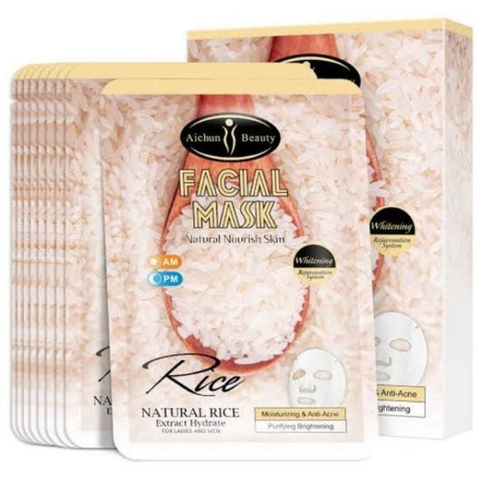 10Pcs Natural Rice Extra Hydrate Beauty Facial Face Mask Sheet - Pack Of 10