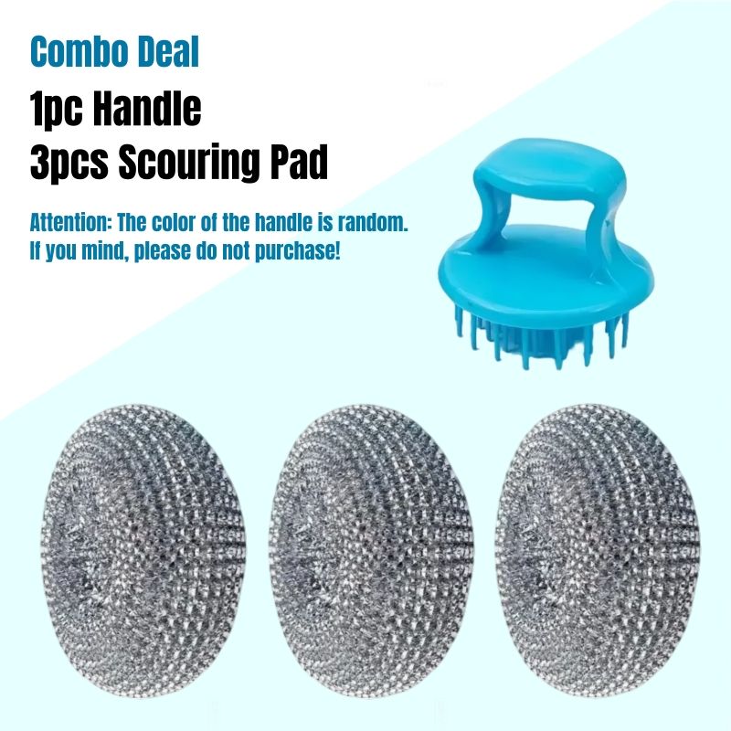 （1pc Handle+3pcs Steel Wool）Handle Cleaning Scouring Pad Soft Stainless Steel Wool Detachable Handle Rust-Resistant Durable Pots Pans Utensils Kitchen Clean Household Essential