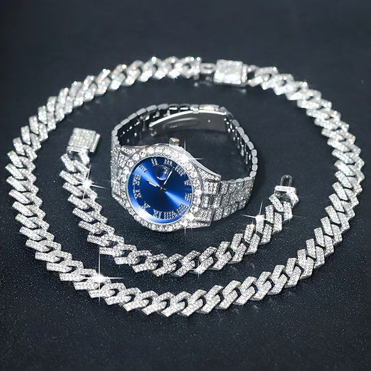 3pcs Men's Watch Set Necklace+Watch+Bracelet Rapper Cuban Chain For Men African Full Iced Out Watch, Jewelry Inlay Diamond Watch Big Chains Hip Hop With Strap Adjuster Stylish Jewelry Gift Set