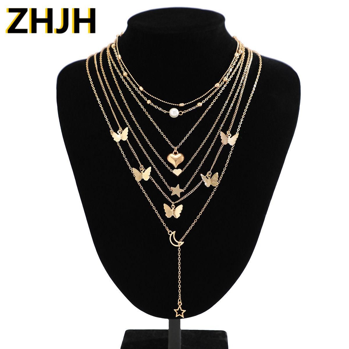 6PCS Ladies' Necklace Luxury Set Butterfly Tassel Layered Moon Pearl Pentagram Set Collarbone Chain Metal Chain Heart Necklace Versatile Personality 6 Mixed And Matched Light Luxury Deluxe Gifts