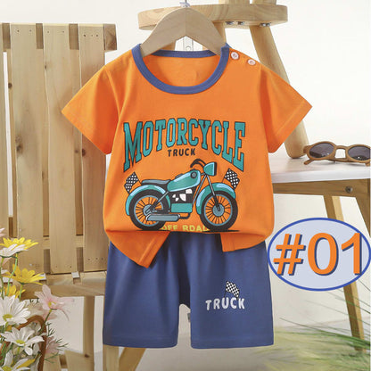 2-Piece Set (T-shirt+Shorts) New Pure Cotton Kids' Short Sleeve Set - Breathable Two-Way Crotch Design & Lightweight Comfort | Adjustable Baby Toddler Outfits