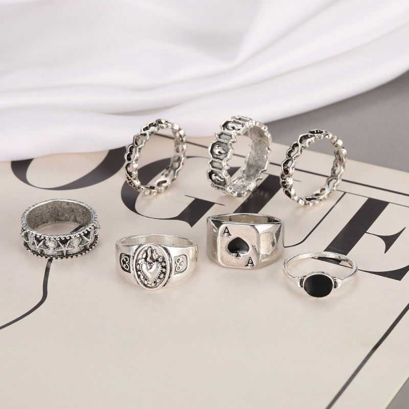 7 Pcs/set Creative Fashion Rings Set For Men And Women Jewelry Simple Atmospheric Dark Vintage Spades Love Ring