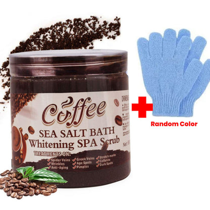 Coffee Sea Salt Bath + Gloves Pair - Brightening & Whitening SPA Scrub Exfoliating Face Body Dead Skin Dr Meinaier and Exfoliating Bath Glove Cleaning Body Cleanser Set