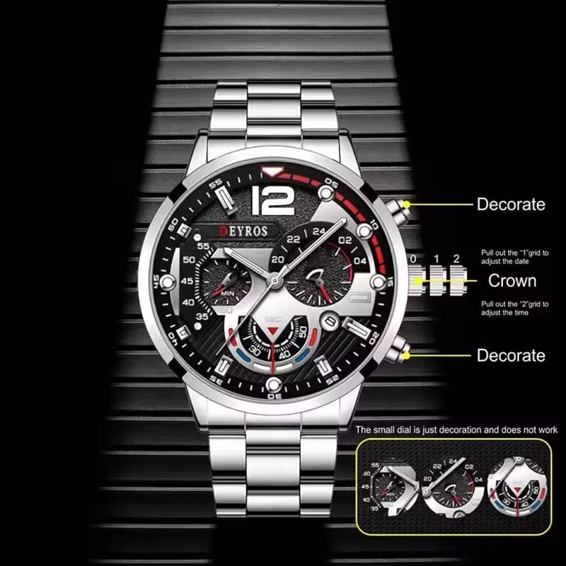 2PCS Fashion Mens Calendar Watches Luxury Male Stainless Steel Quartz Wristwatch Luminous Clock Men Bracelet Wrist Watch