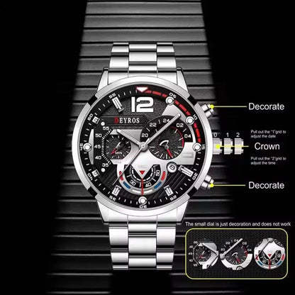 2PCS Fashion Mens Calendar Watches Luxury Male Stainless Steel Quartz Wristwatch Luminous Clock Men Bracelet Wrist Watch