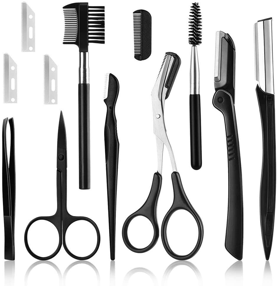12PCS Black Eyebrows trimmer Eyebrow Trimming Scissors Stainless Steel Tweezers Eyebrow Scraping Eyebrow Comb Razor Eyebrow Clip Makeup Tools Sets