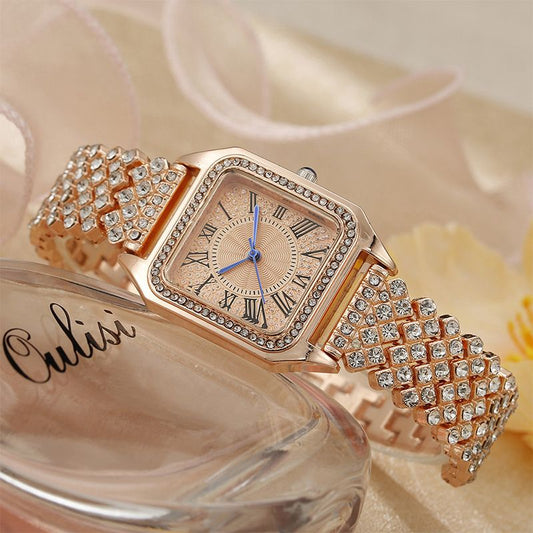 Fashion Full Iced Out Watches for Women Square Exquisite Alloy Steel Roman Luxury Rhinestones Quartz Watch Hip Hop Party Gift