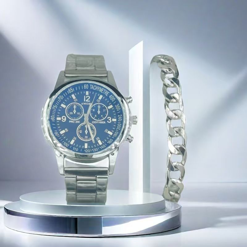 ZHJH Men's Large Dial Watch Metal Bracelet Set Men's Metal Strap Wristwatch Men's Quartz Watch Silver Watch Set