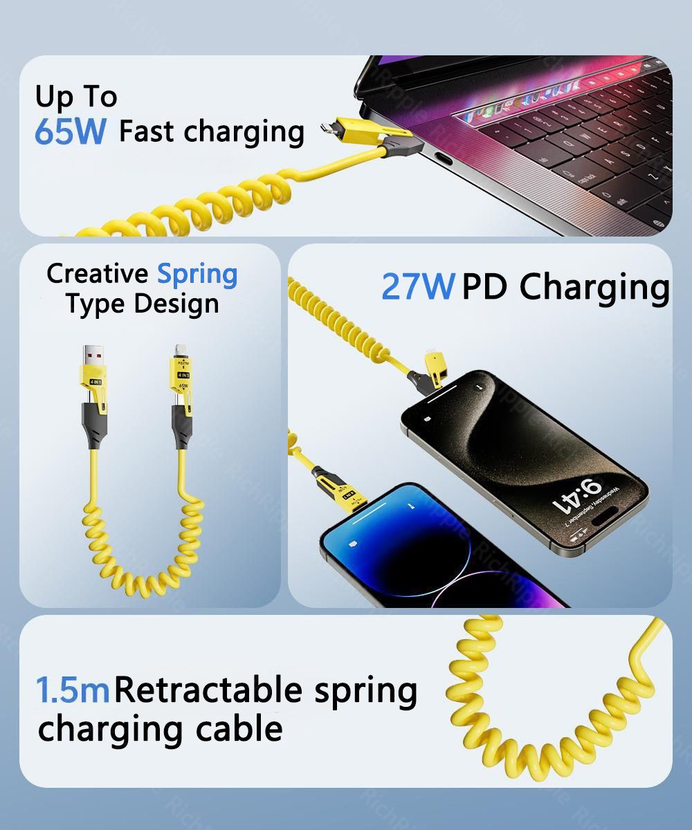 RichRipple 4 in 1 65W 1.5M Fast Charging Cable USB Data Cables Suitable For IPhone Xiaomi Tecno Huawei Samsung Charger Liquid Silicon Type-C Micro Lighting Charging Cable