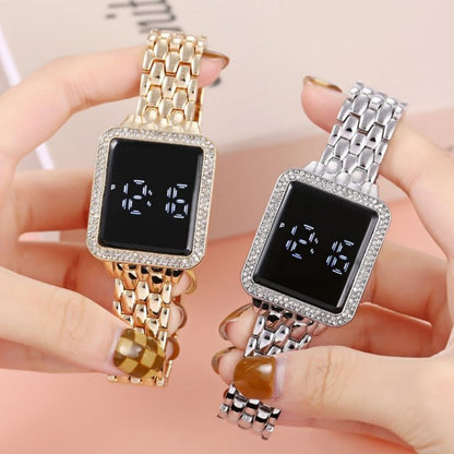Square diamond inlaid led simple steel band watches touch wrist watch for man and women casual fashion trend electronic watchs