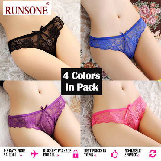 Womens 4 Colors Pack Sexy Lace Underwear Brief See-Through Floral Panties Thongs Perfect Gift For Women Girlfriend Wife