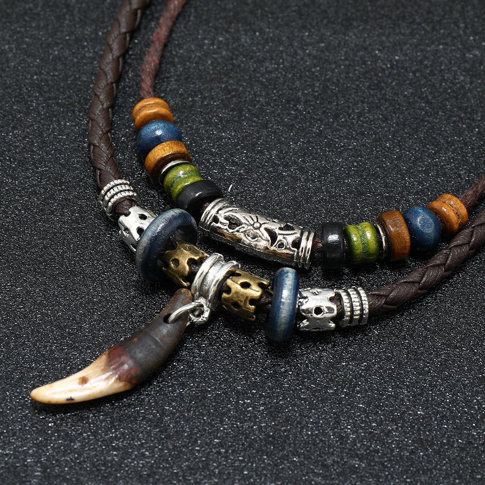 Men Bohemian Wolf Tooth Pendant Necklace Woven Vintage Handmade Cross Beads Stylish Tribal Design Tooth Rope Necklace Jewelry