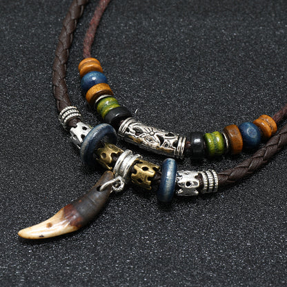 Men Bohemian Wolf Tooth Pendant Necklace Woven Vintage Handmade Cross Beads Stylish Tribal Design Tooth Rope Necklace Jewelry