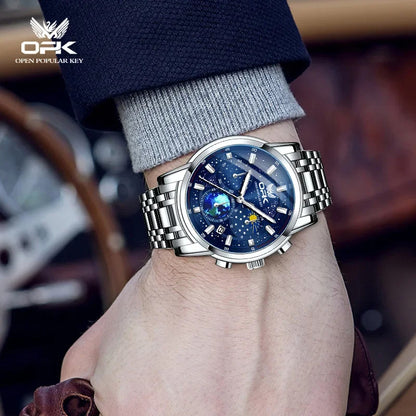 OPK Quartz Watches for Men Starry Sky Display Moon phase Multifunctional Stainless Steel Waterproof Luxury Mens Watch