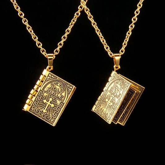 New Flipable Vintage Book Necklace Men'S And Women'S Street Hip Hop Flipable Cross Stainless Steel Necklace