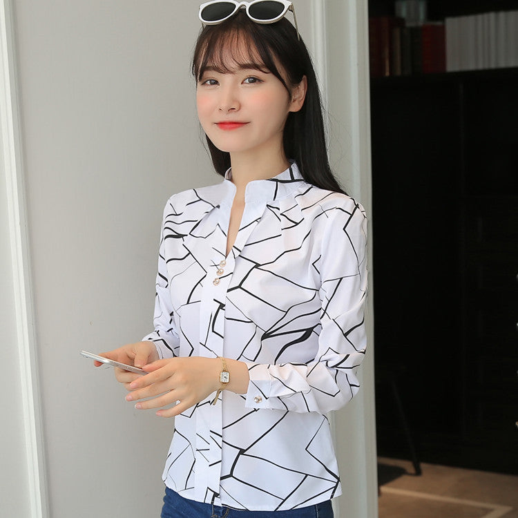 Blouses Smooth Cut Plus-Size Women's White Chiffon Shirt Fashion Commuter Striped Print Casual Long-Sleeved Top