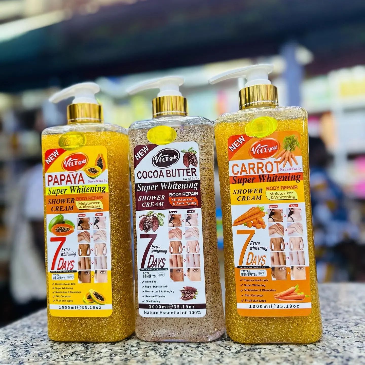 3 Pack VEET gold Turmeric Body Oil 1000ml + 250ml + Body Scrub Super Whitening Skin Repair Anti-Aging Removes Wrinkles Dark Spots & Smooths Clears Knuckles Super Whitening