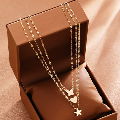 New Fashion Ins Five-Pointed Star Butterfly Necklace 3-Piece Set Niche Exquisite High-End Pendant Multi-Layer Necklace