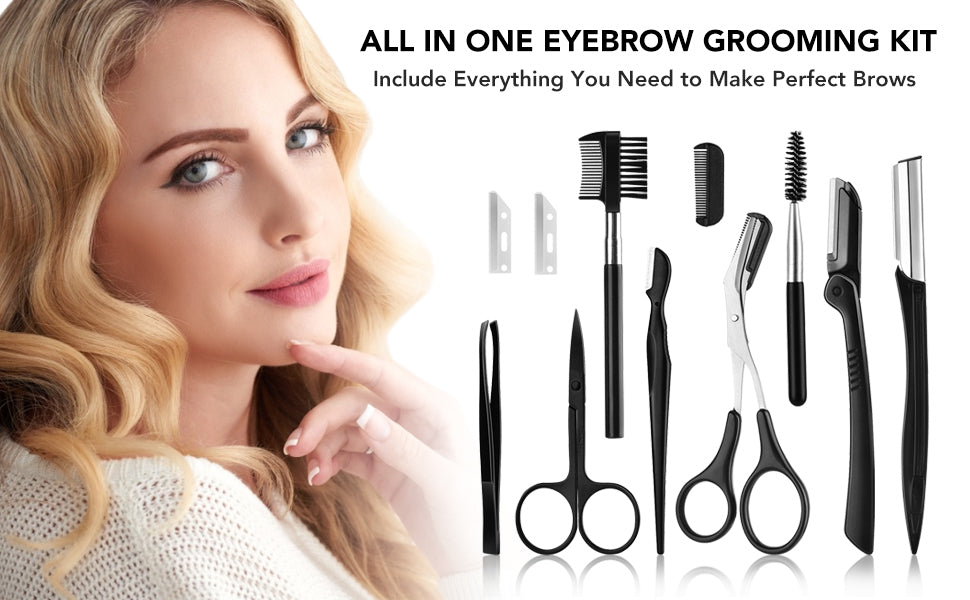 12PCS Black Eyebrows trimmer Eyebrow Trimming Scissors Stainless Steel Tweezers Eyebrow Scraping Eyebrow Comb Razor Eyebrow Clip Makeup Tools Sets